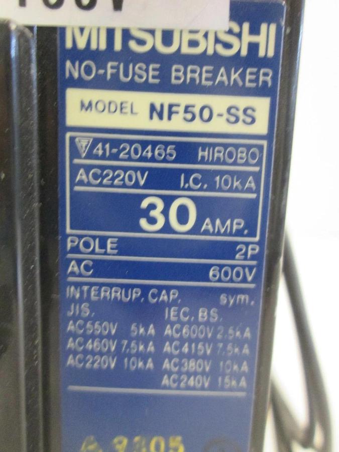 Used Mitsubishi No- Fuse Breaker NF50-SS, 30A, 2 Pole, 600V Used