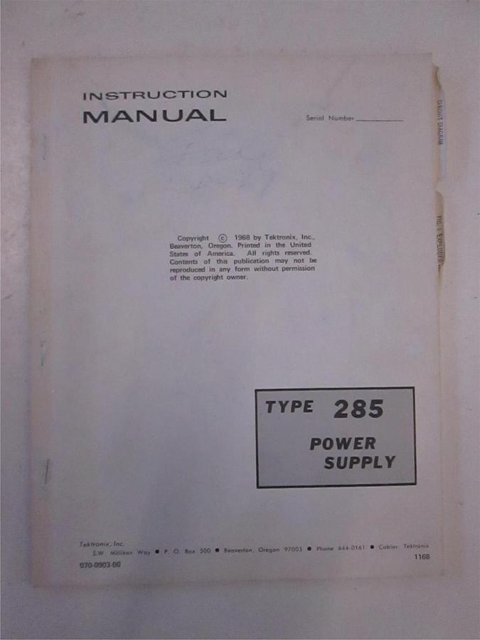 Used Tektronix Type 285 Power Supply Instruction Manual, Used