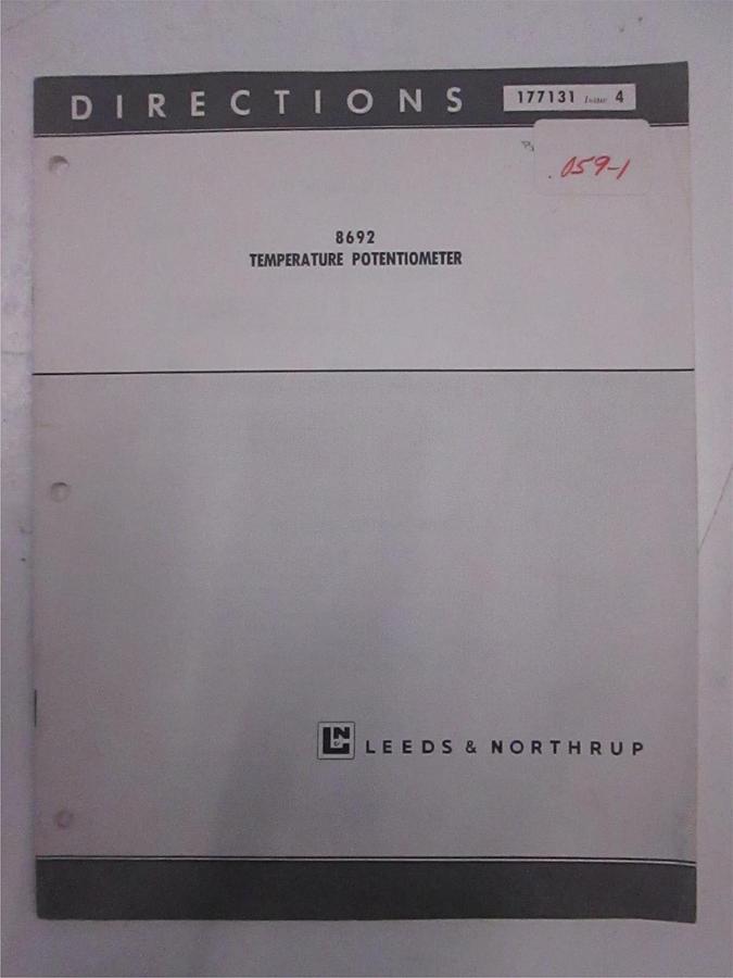 Used Leeds and Northrup 8692 Temperature Potentiometer Directions, Used