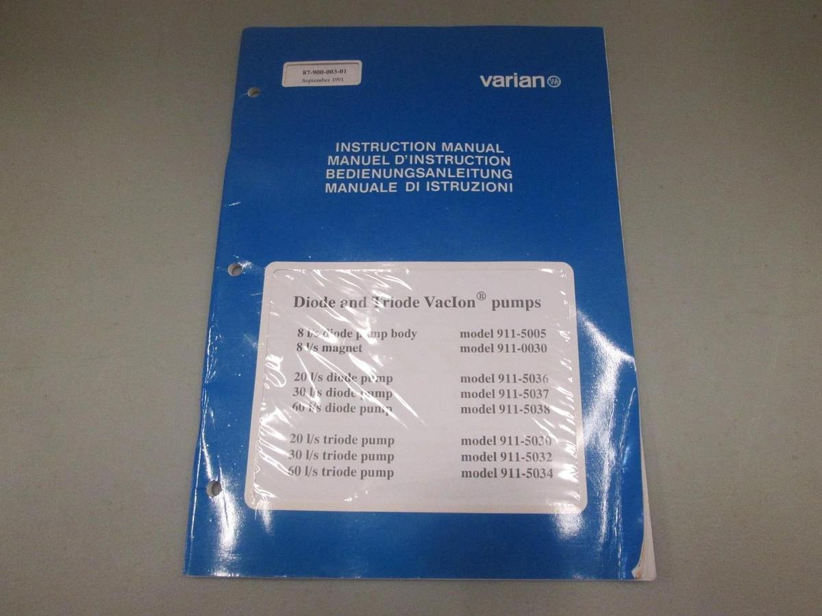 Used Varian, 87-900-003-001, Diode and Triode VacIon Pump Instruction Manual, Used