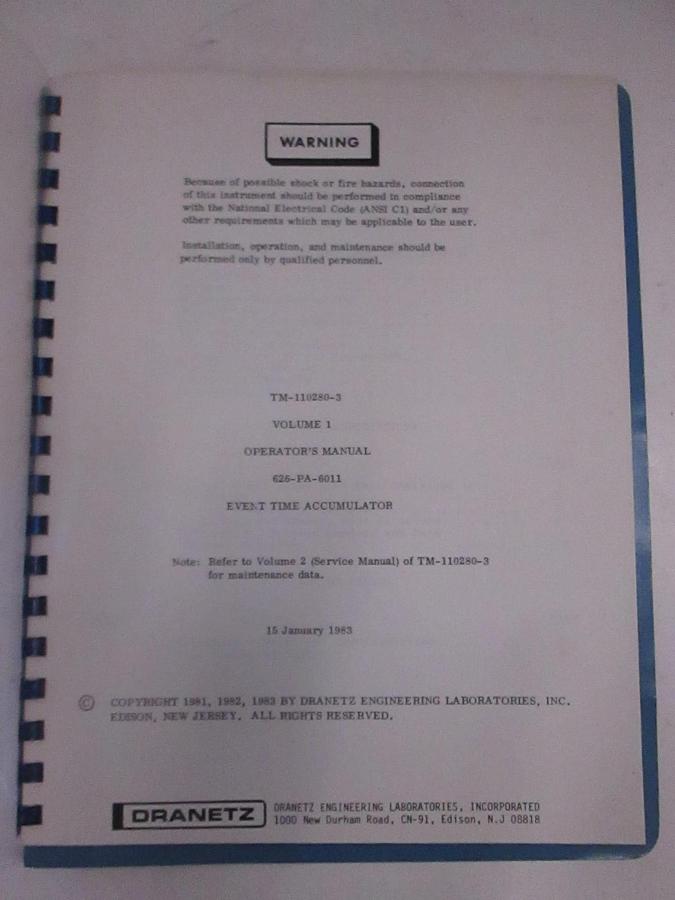 Used Dranetz TM-110280-3 Volume 1 Operator's Manual, Used