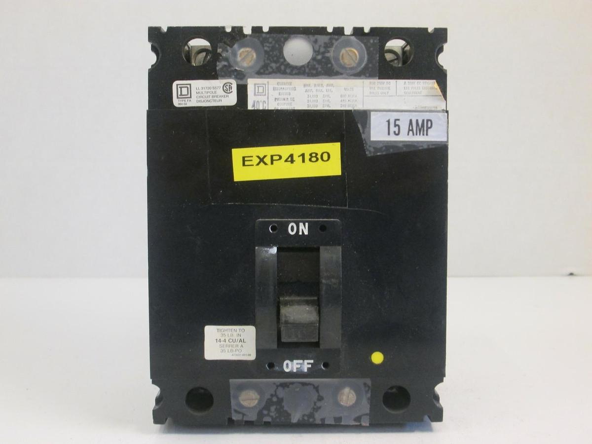Used Square D FAL36015 Circuit Breaker, 15 AMP, 3 Pole