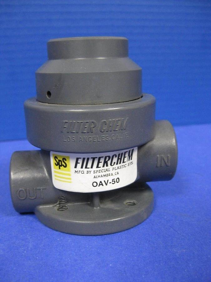 Used Filter Chem OAV-50 PVC One Way Air-Operated Valve, 1/2" Step Down, Used