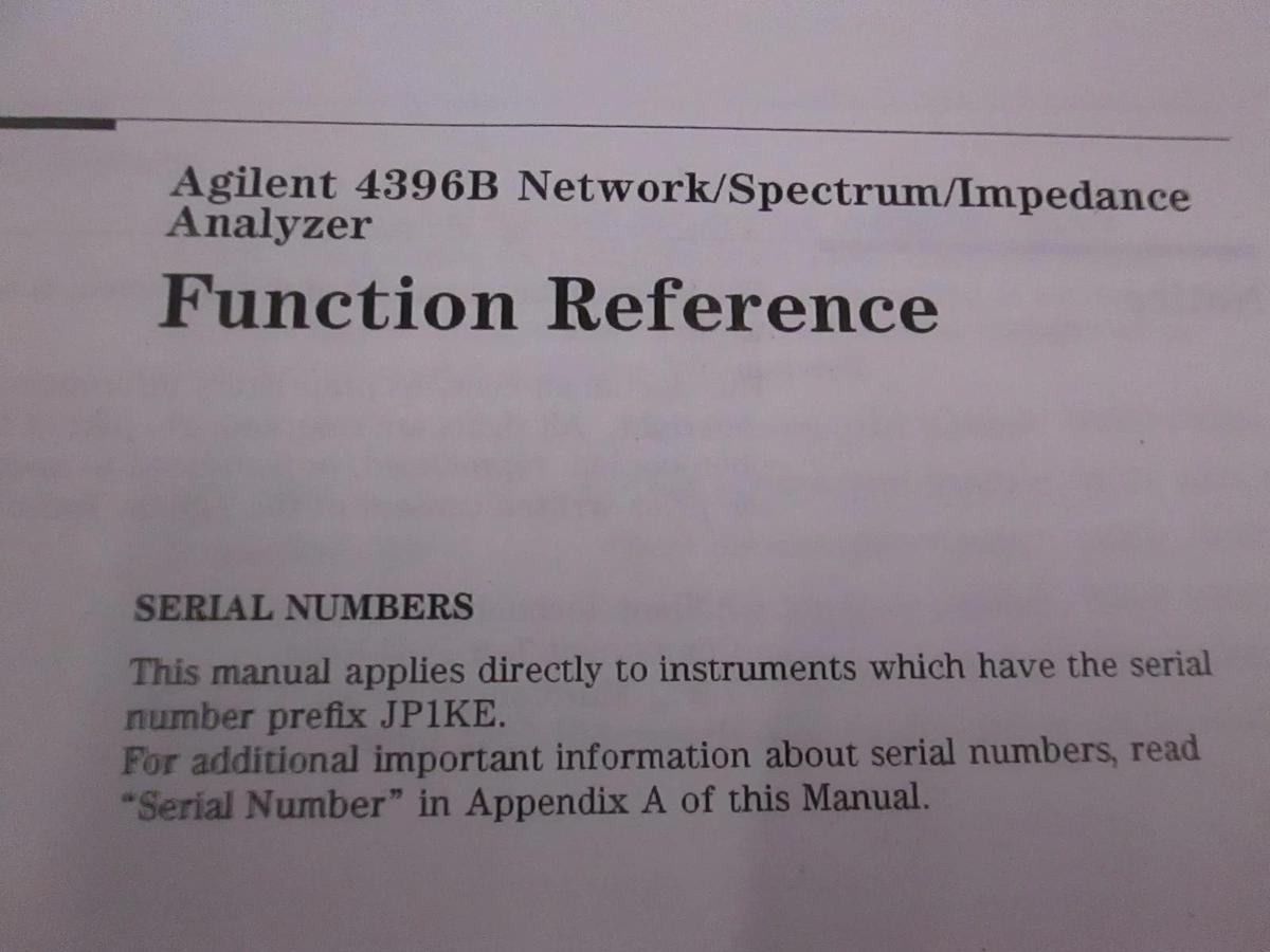 Used Agilent 4396B Network/Spectrum/Impedance Analyzer Function Reference, Used