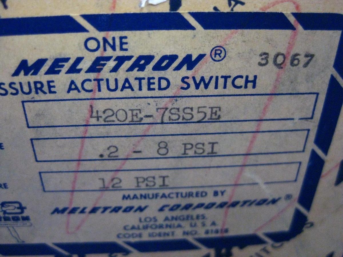 Used MELETRON 420E Pressure Actuated Switch 420E-7SS5E, 0.2 - 8 PSI