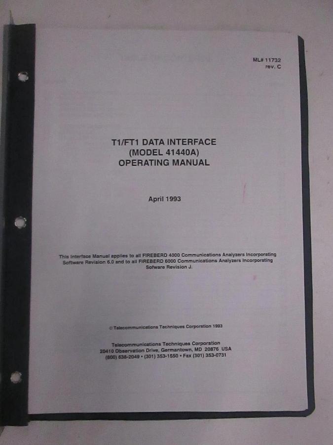 Used TTC T1/FT1 Data Interface Model 41440A Operating Manual, Used