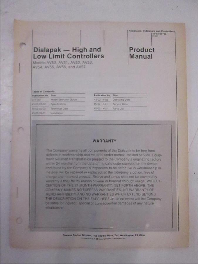 Used Process Control Division Dialapak Controllers Product Manual, Used