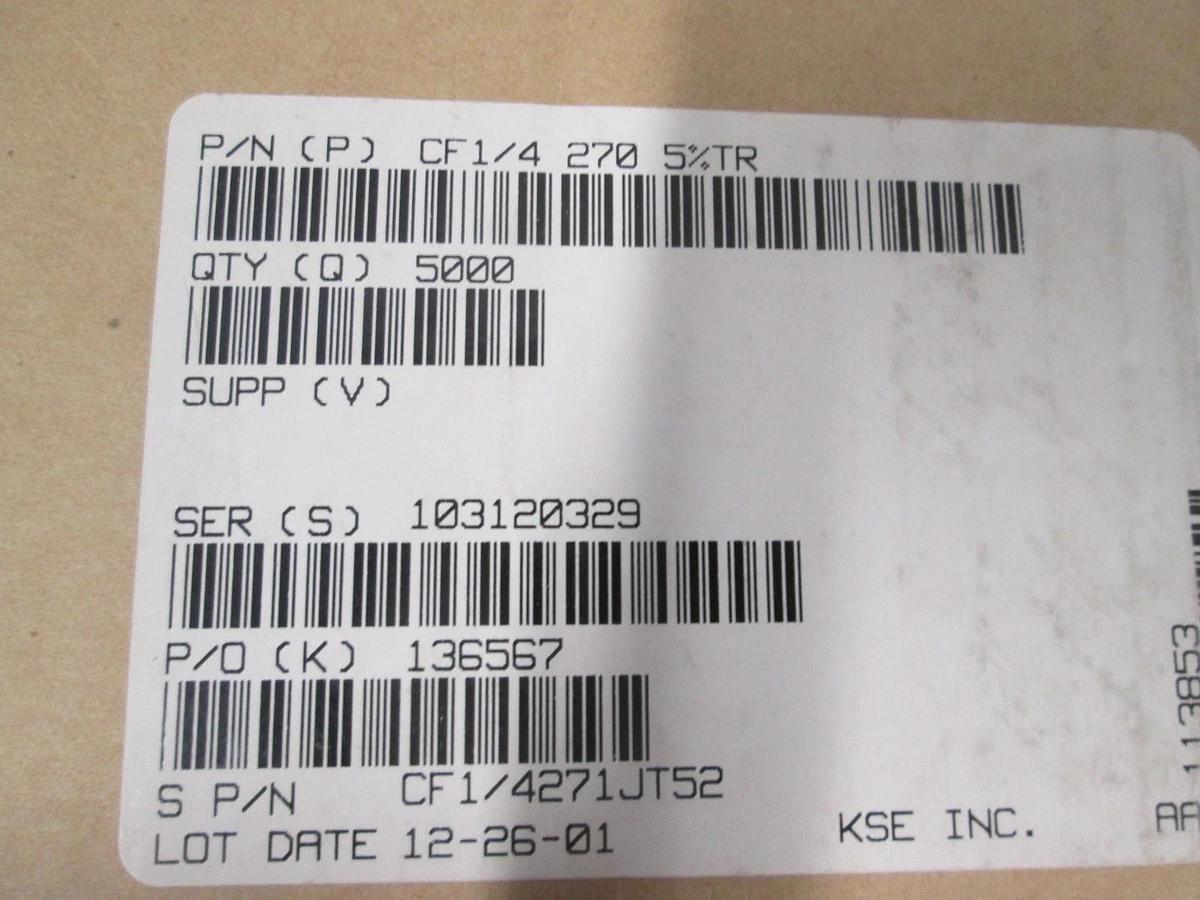 KOA, CF1/4271JT52, Resistor, Carbon Film, 1K Ohm 5%, New, Reel of 5000