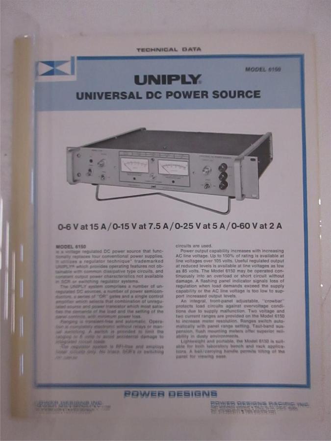 Used Power Designs Model 6150 Universal DC Power Source Technical Data, Used