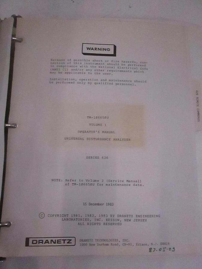 Used Dranetz TM-106650U Volume 1 Disturbance Analyzer Operators Manual, Used