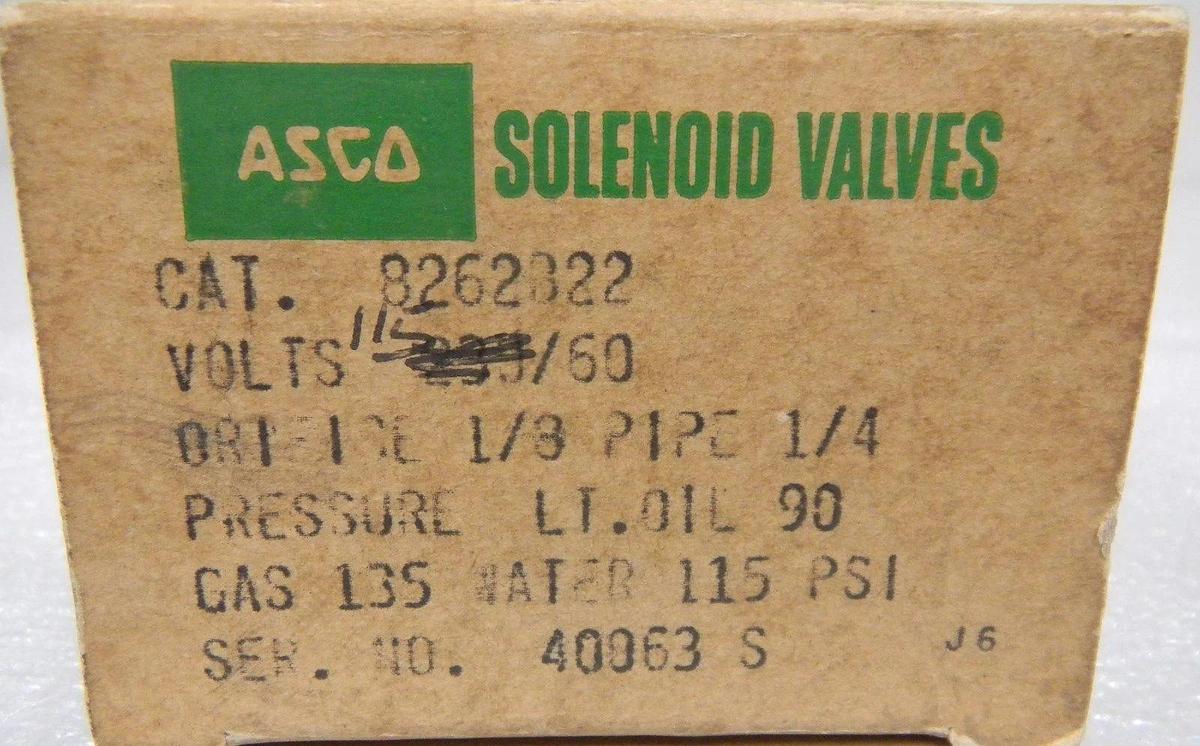 Asco 8262B22 Solenoid Valve, Volts 115/60, Orifice 1/8", Pipe 1/4", 115 PSI, 7 W