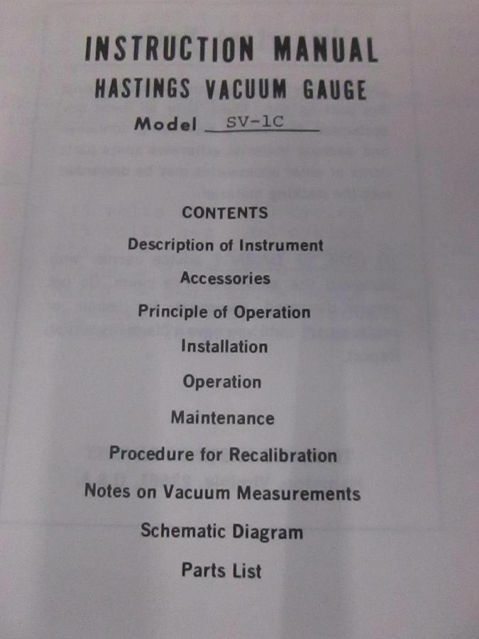 Used Teledyne Hastings SV-1C Vacuum Gauge Instruction Manual, Used