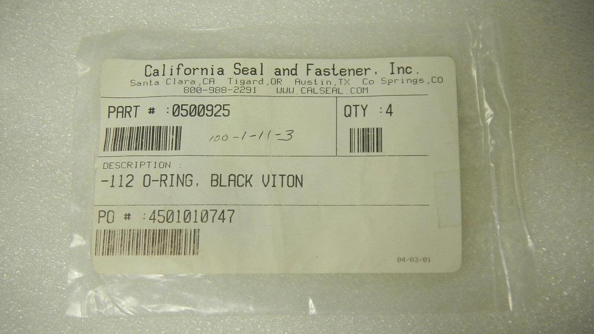 California Seal, 0500925, Black O-Ring, -112 O-Ring Black Viton, Lot of 4, NIP