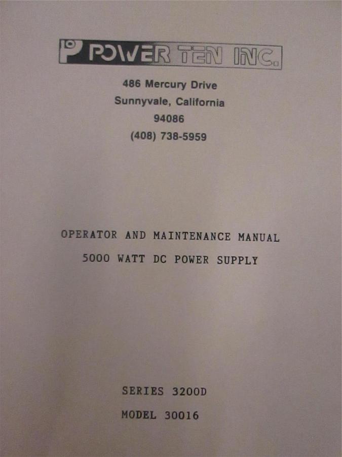 Used Power Ten Series 3200D Model 30016 Operator and Maintenance Manual, Used