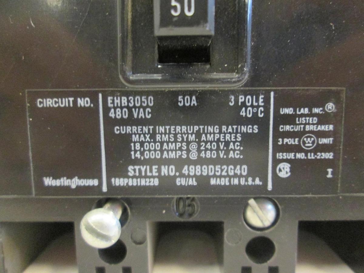 Used Westinghouse EHB3050 Circuit Breaker, 480 VAC 50A, 3 Pole