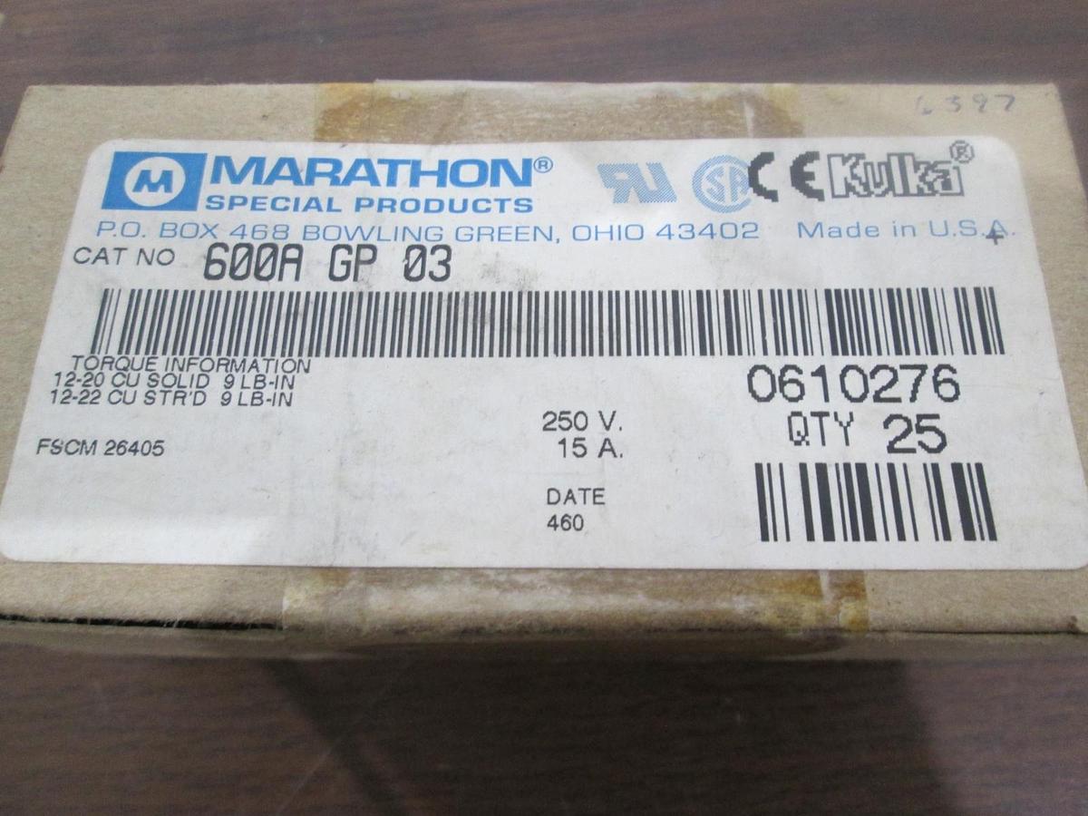Marathon/Kulka. 600A GP 03, 3 Position Terminal Block, New, Lot of 25