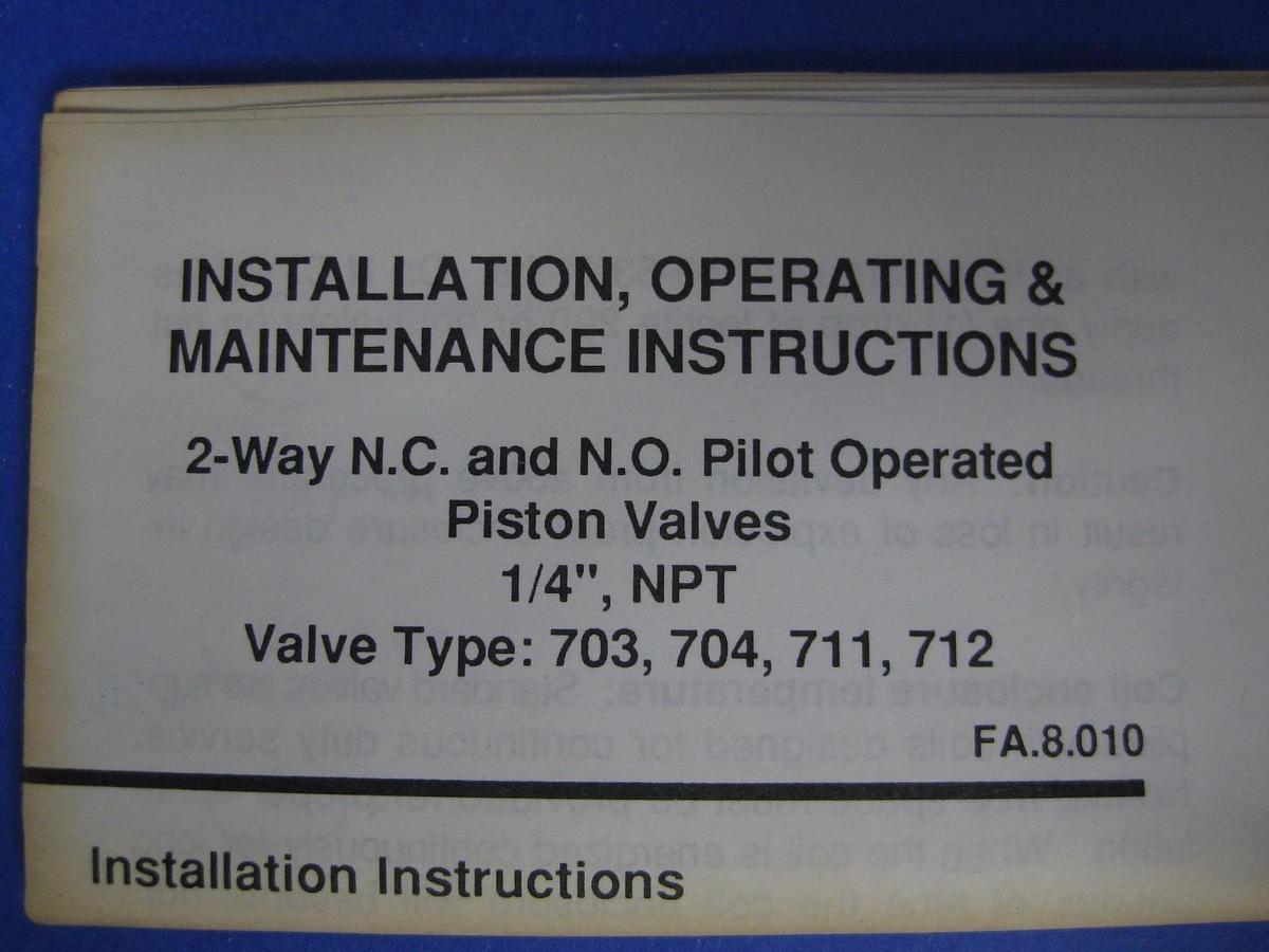 Honeywell Skinner 704N1A2A 2-Way, Pilot Operated Piston Valve,NO, NEW
