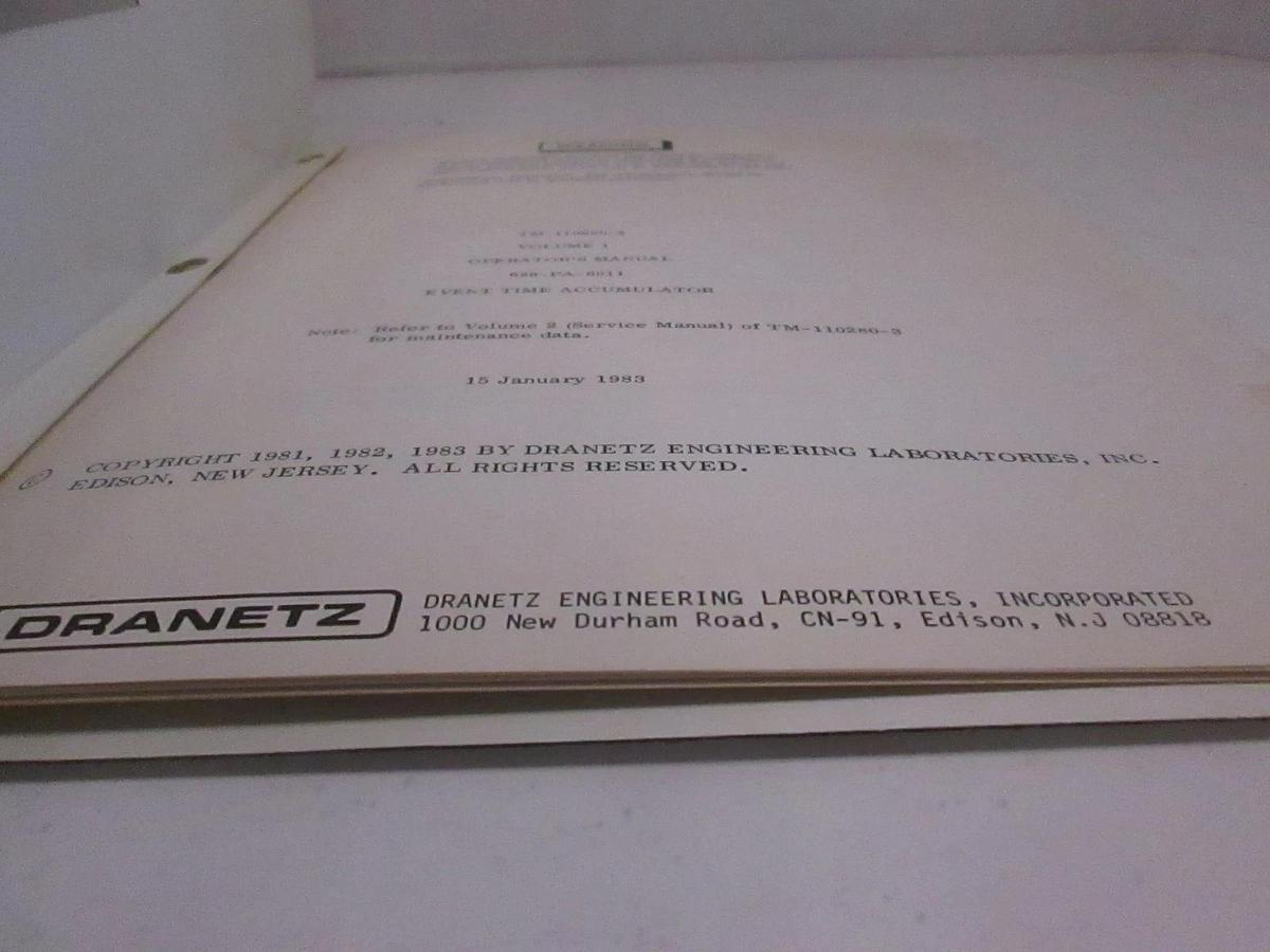 Used Dranetz TM-110280-3 Volume 1 Event Time Accumulator Operators Manual, Used