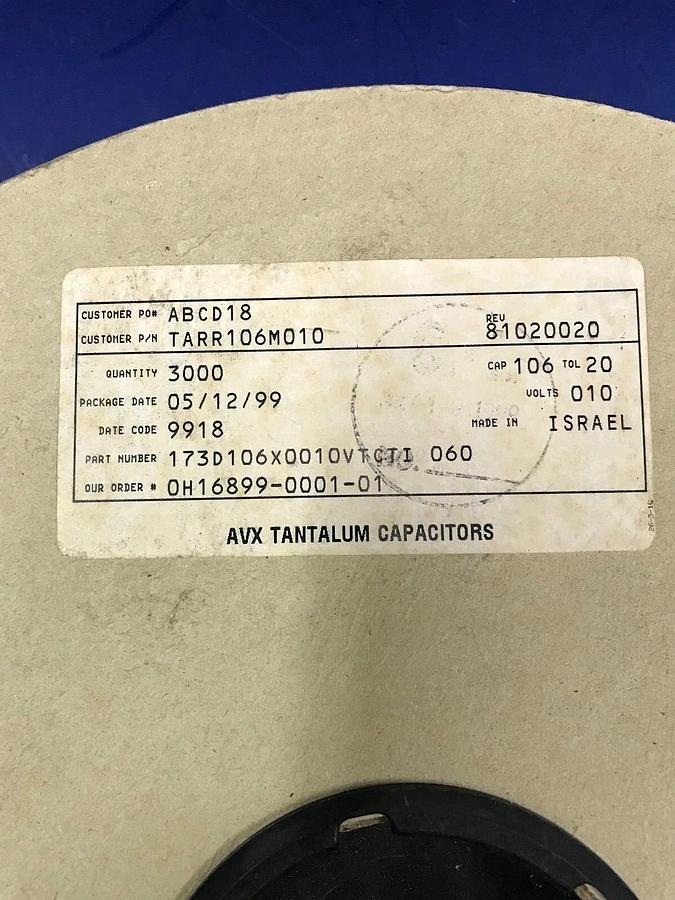 AVX 173D106X0010VTCTI060 Tantalum Capacitors, 106 CaP, 10V, 20%, Reel of 1000