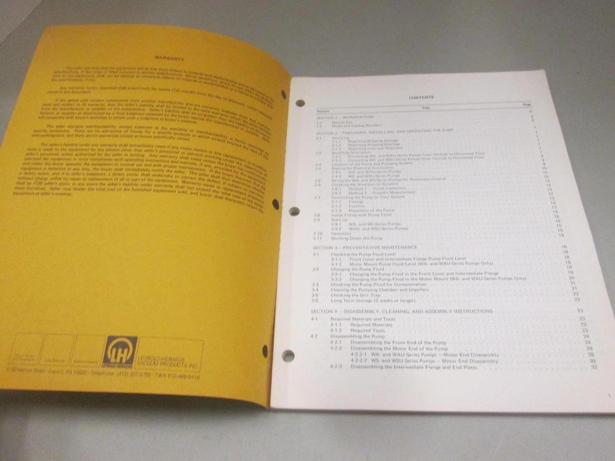 Used Leybold, Operation and Maintenance Manual for RUVAC WA/WAU Pumps, Used