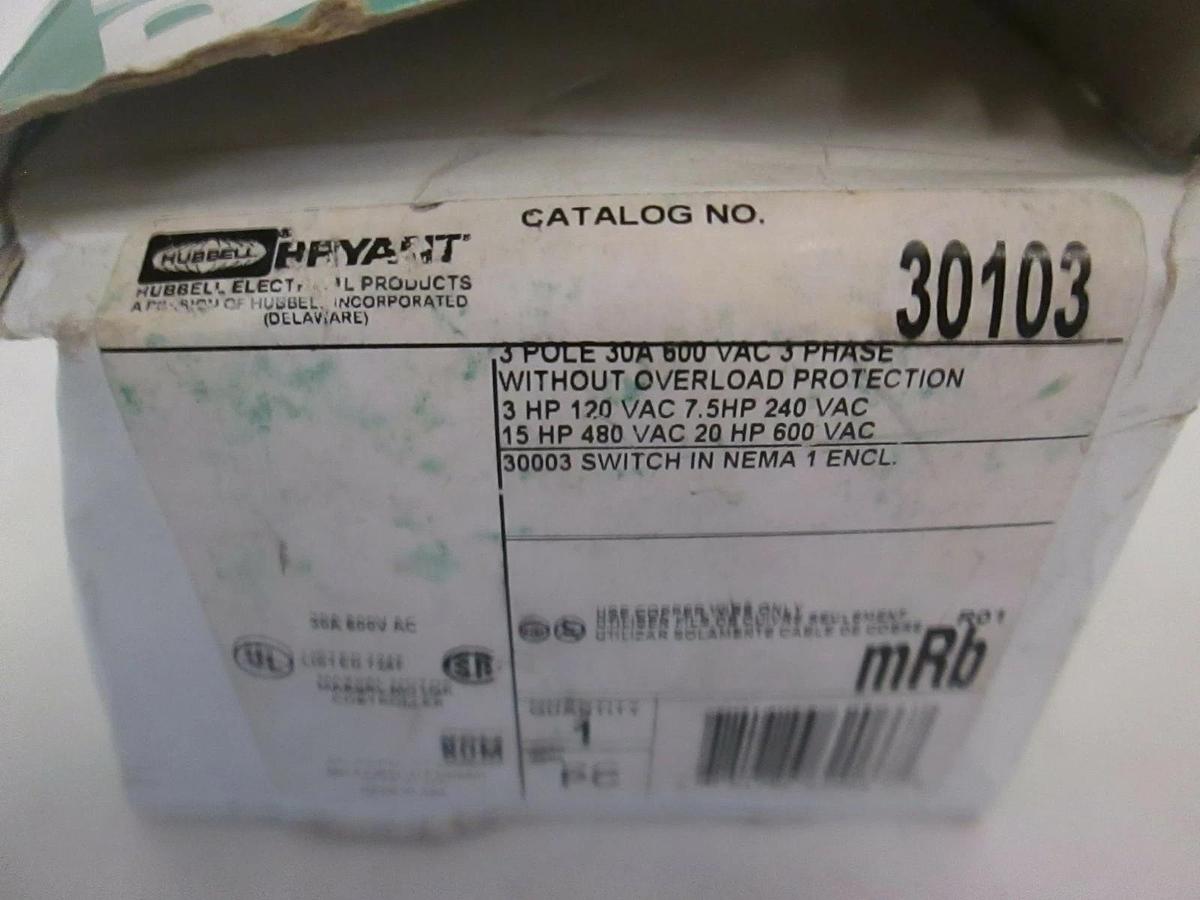 Hubbell, 30103, 3 Phase Manual Motor Controller, New