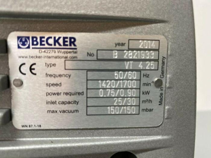 Used Becker VT 4.25 Rotary Vane Oil-Less Vacuum Pump w/ Vacuum Switch & Filter