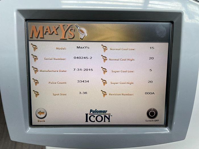 Used 2015 Cynosure (Palomar) Icon with 1540 (XD and XF), MaxG, MaxR, MaxYs