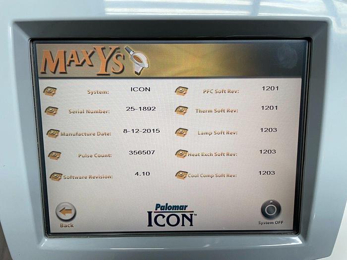 Used 2015 Cynosure (Palomar) Icon with 1540 (XD and XF), MaxG, MaxR, MaxYs