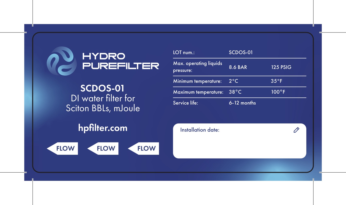 HYDRO PUREFILTER DI Water Filter for Sciton BBLs, mJoule
