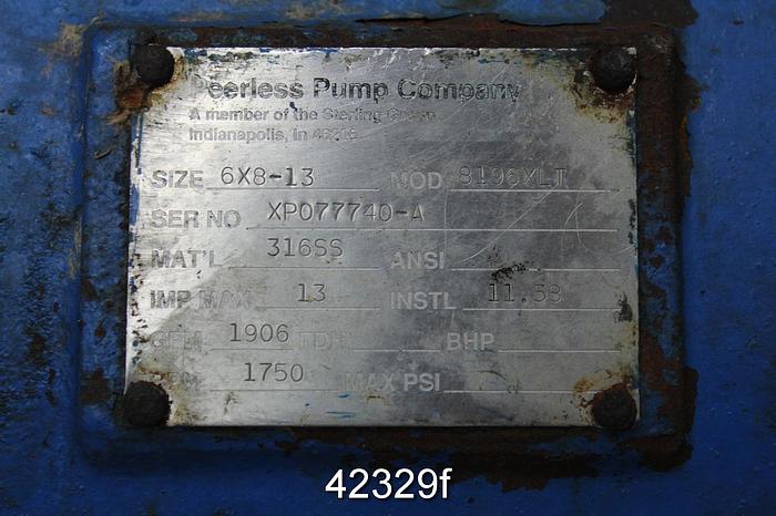 Used Peerless 3196 6x8x13 Pump, CF8M Casing, 6 Vane SS Impeller #42329