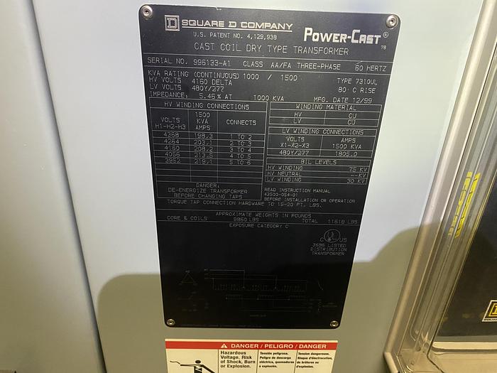 Used SQUARE D COMPANY 1000 / 1500 KVA DRY TYPE TRANSFORMER