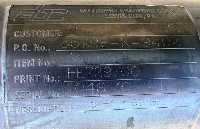 Used Heat Exchanger, Shell & Tube, 16 SF, S/st, 150 PSI, Allegheny Bradford #S744643