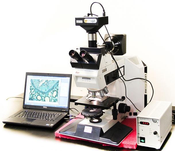 Used Leica Leitz DMRB Fluorescence Trinocular Microscope with Two Spot Cameras (4763)