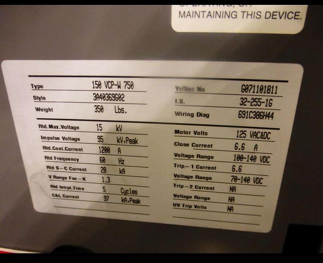 Used 2007 Eaton Cutelr Hammer  15Kv Breaker Line up