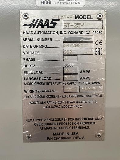 Used 2021 HAAS ST-25Y CNC Turning Center with Y-Axis and Live Tooling ***