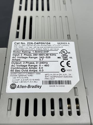 Used Allen-Bradley 22A-D4P0N104 Ser A