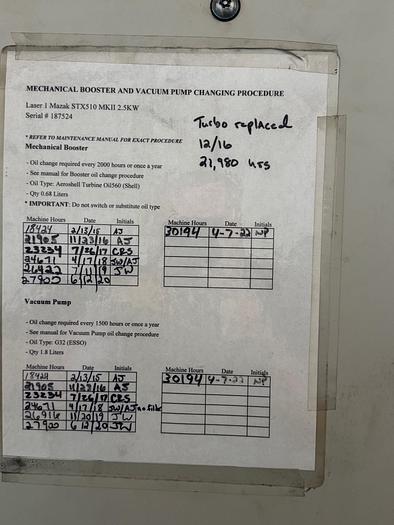 Used 2006 Mazak Mark II 2500 Watt Laser Super Turbo X510