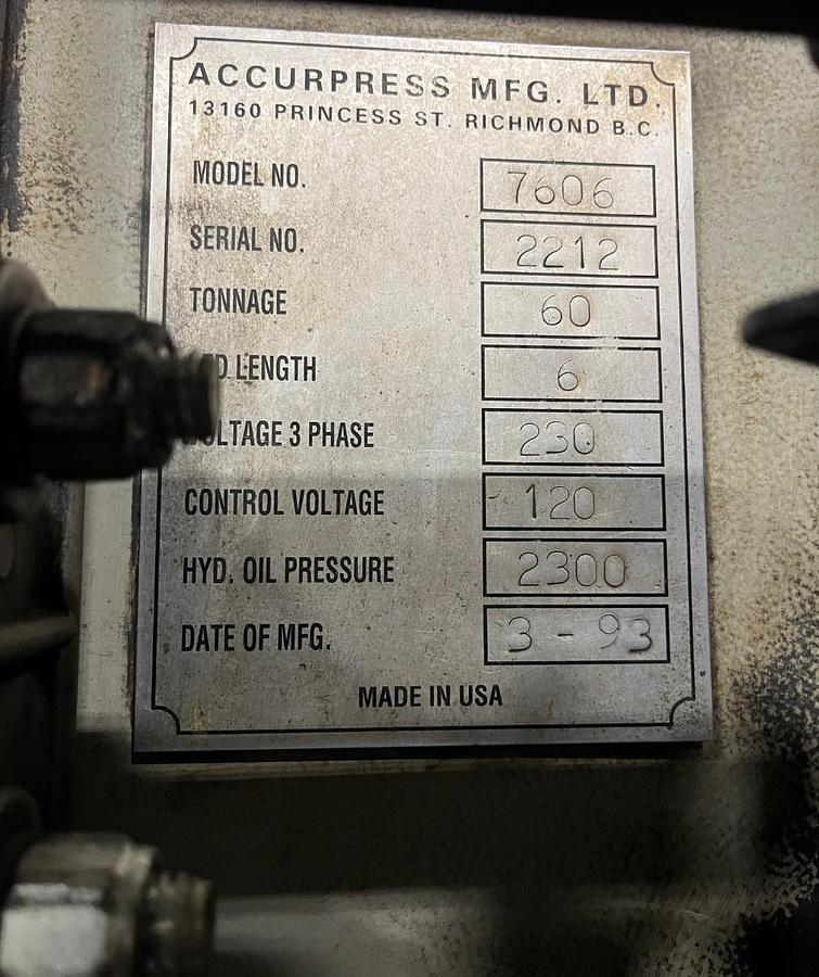 Used Accurpress CNC 6' x 60 Ton Hydraulic Press Brake 7606