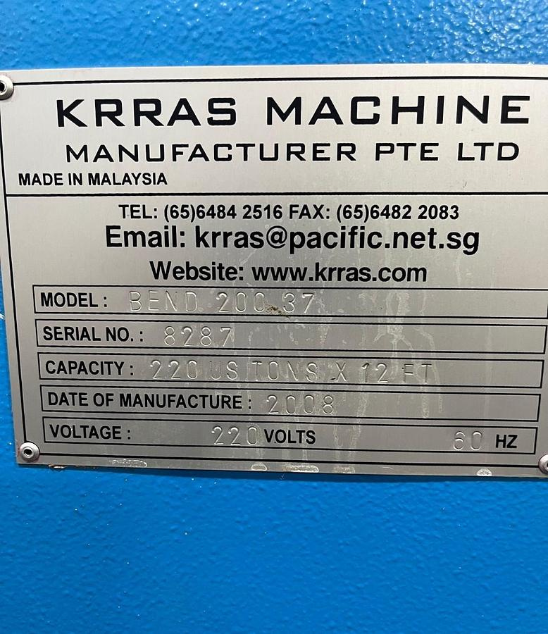 Used 2008 Krras 12' x 220 Ton Hydraulic Press Brake Bend 200-37