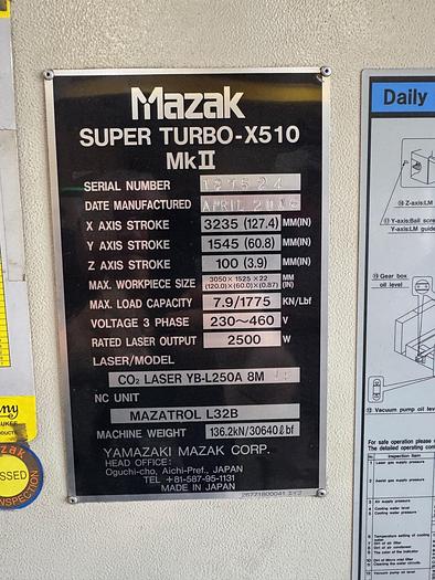 Used 2006 Mazak Mark II 2500 Watt Laser Super Turbo X510