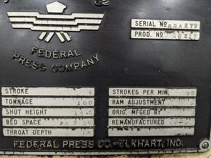 Used Federal 100 Ton OBI Flywheel Type Press #8