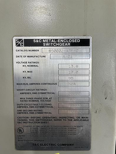 Used S & C METAL -ENCLOSED SWITCHGEAR