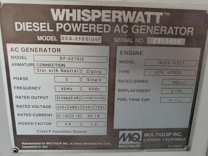 Used 2015 MULTIQUIP 25kw WHISPERWATT