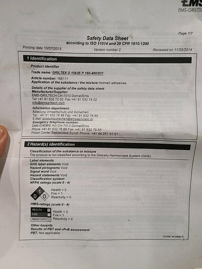 Used EMS-Chemie Griltex D1582E P 160-400/031 Thermoplastic Hotmelt adhesive