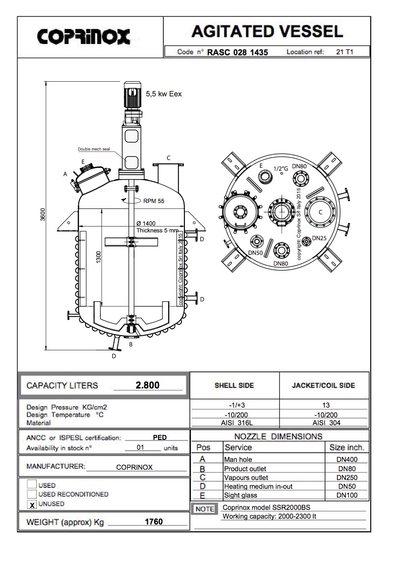 Reattore 2,8m3 COPRINOX SSR2000 SS316L