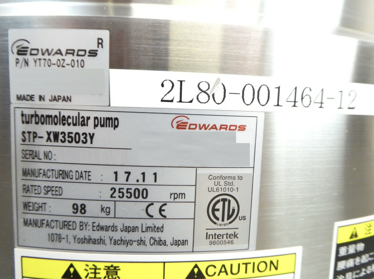 Used Edwards YT70-0Z-010 Turbomolecular Pump TEL 2L80-001464-12 New Spare