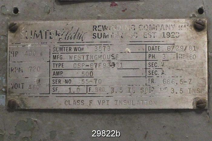 Used Westinghouse CSP-67F93831 400 Hp AC Motor #29822