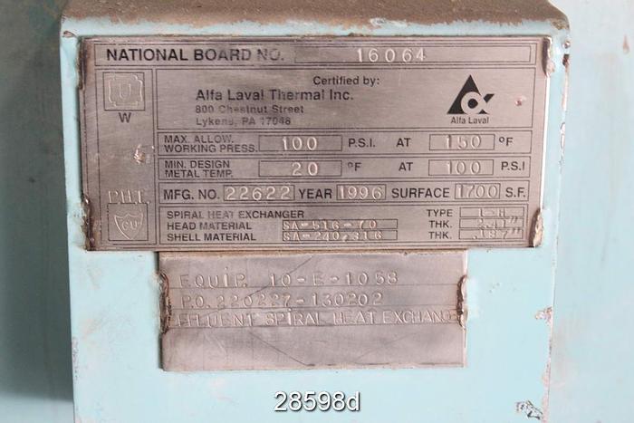 Used Alfa Laval 1-h Spiral Heat Exchanger, Ma #28598