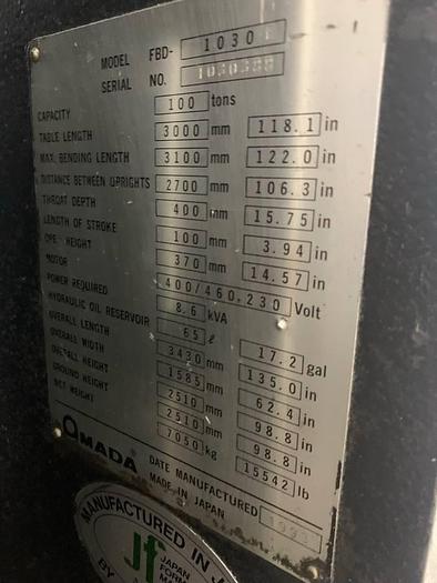 Used 1993  Amada  FBD-1030E CNC Press Brake 110 Tons