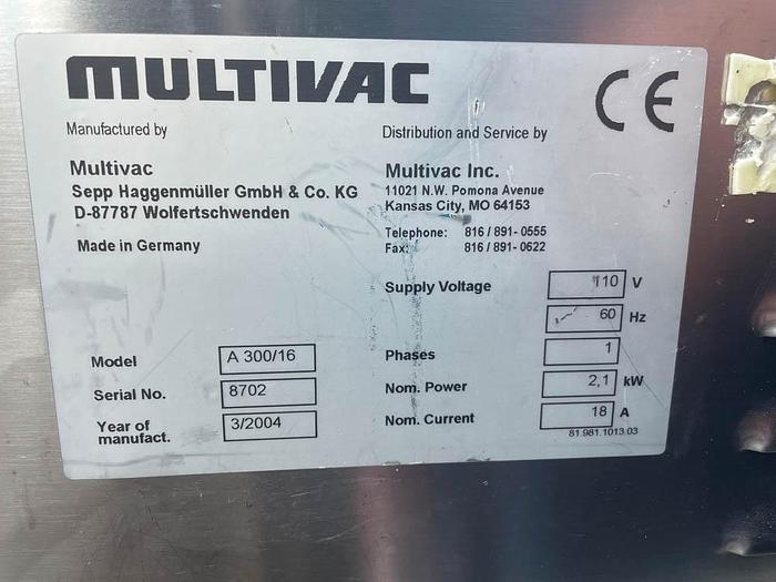 Used 2004 MULTIVAC A300/16 Single Chanber Table Top Vac Machine